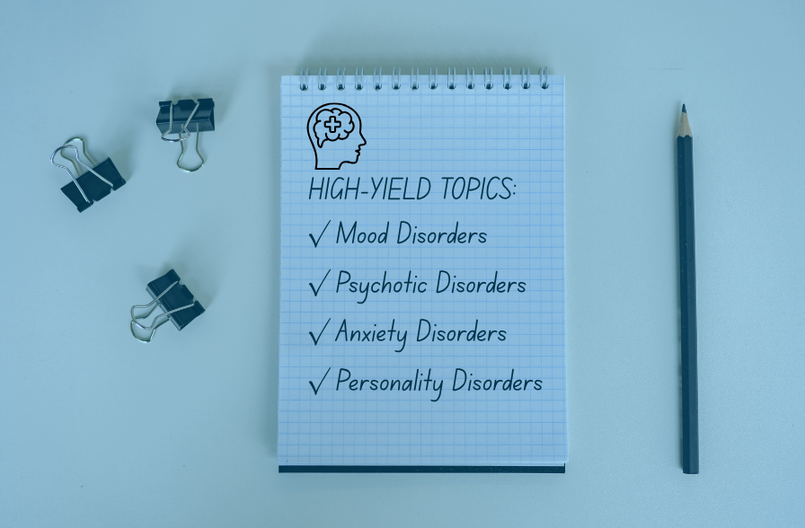 notepad with a list of high-yield topics found on Psychiatry COMAT